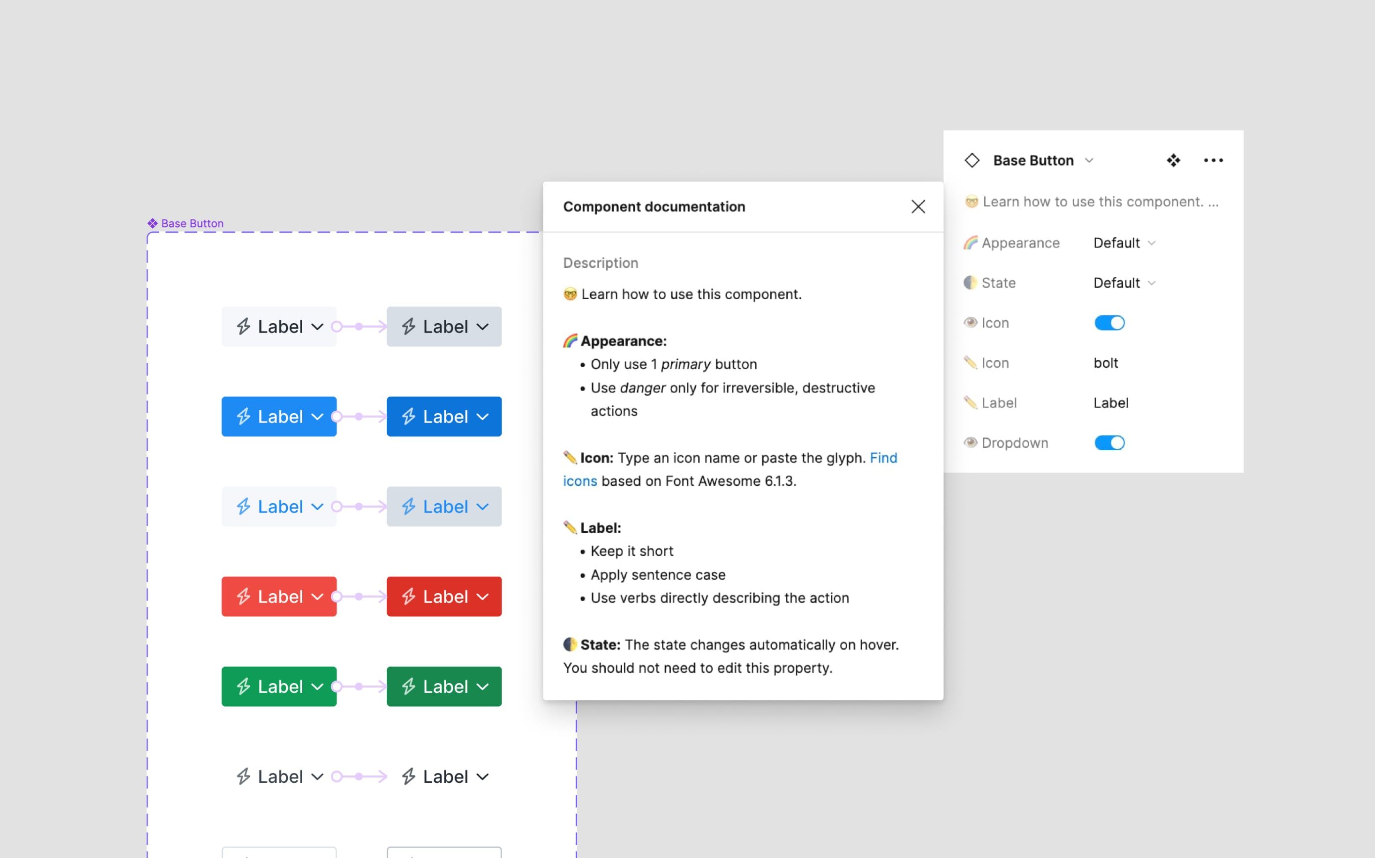 Several variants of the button component with it's properties and documentation.